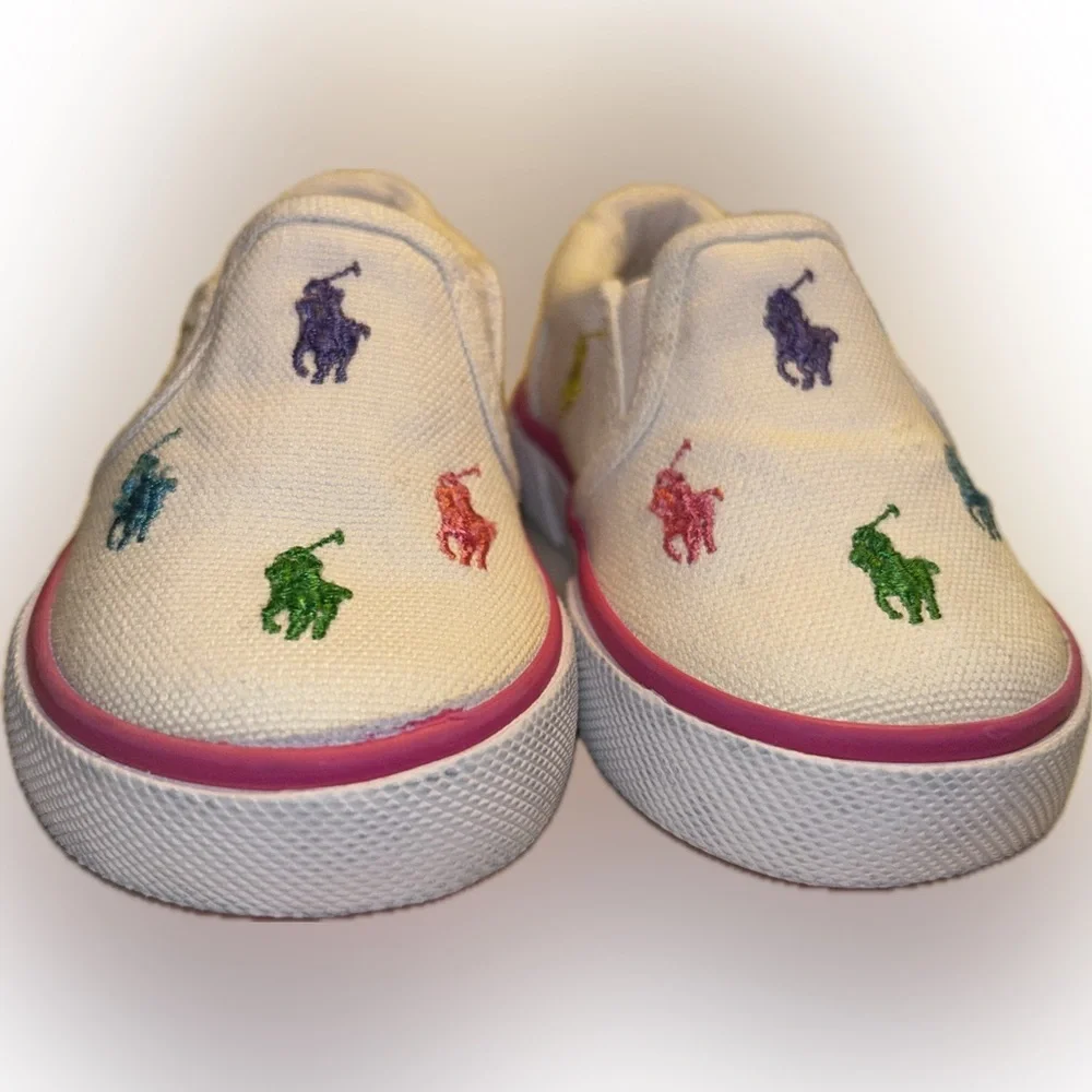 Polo Ralph Lauren Toddler White Canvas Slip-On Sneakers Colorful Pony Logos 3